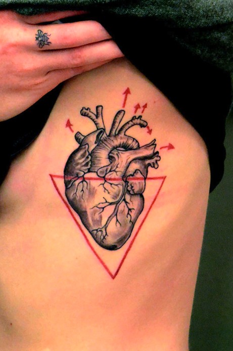 Black heart and red triangle tattoo on ribs - Tattooimages.biz